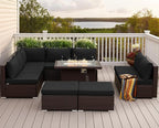 NICESOUL Outdoor Patio Furniture Set with Fire Pit Natural Gas/Propane, 29.3'' High-Back XL Large Conversations for Exteriors, 9-Seater Wide Deep Seating Rattan Sectional Sets, Brown and Black