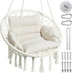Greenstell Hammock Chair, Macrame Swing Chair with Comfy Cushion, Boho Hanging Chair for Outdoor & Indoor, Perfect for Bedroom, Patio, Balcony, Hold up to 330Lbs, White