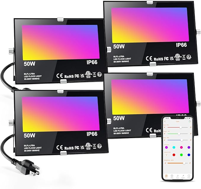 Flood Light 4 Pack, 50W RGB Color Changing Bluetooth Outdoor