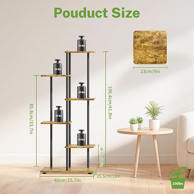 iDavosic.ly 5 Tier Plant Stand Indoor, Tiered Corner Metal Wood Multiple Flower Holder Shelf, 42 Inch Tall Orchid Display Rack for Patio Porch Living Room Balcony Outdoor, Modern Black & Rustic Brown