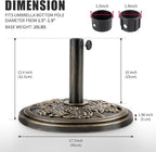 Backyard Expressions 20 lb Patio Umbrella Base Stand, Decorative Rose Medallion Antique Bronze Finish, Fits 1.5–1.9 in Poles w/Adapters, 18 in Round Weighted Outdoor Umbrella Holder for Deck & Table