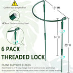 6 Pack Threaded Lock Metal Plant Support Stakes - 25" H Tall Peony Cage, Reusable Detachable Garden Ring for Hydrangea/Rose Bush/Potted Flowers, Indoor Outdoor Heavy Duty (10" W)