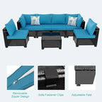Outdoor Wicker Patio Furniture Set, Rattan Sectional Sofa Set with Thick Cushions (Coffee/Peacock Blue, 7 Piece Sofa Set)