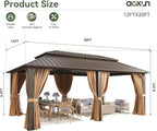 Aoxun 20x12 Gazebo Outdoor Hardtop Gazebo with Double Galvanized Steel Roof, Metal Frame Pavilion with Breathable Netting and Privacy Curtain for Backyard (Brown)