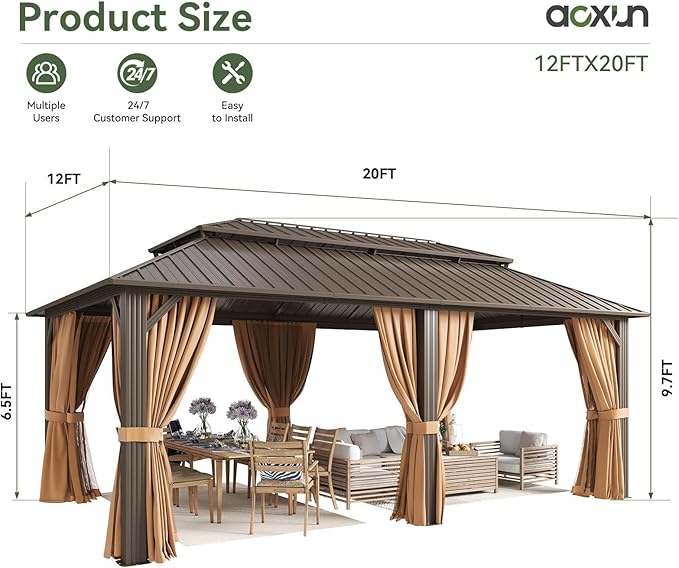 Aoxun 20x12 Gazebo Outdoor Hardtop Gazebo with Double Galvanized Steel Roof, Metal Frame Pavilion with Breathable Netting and Privacy Curtain for Backyard (Brown)