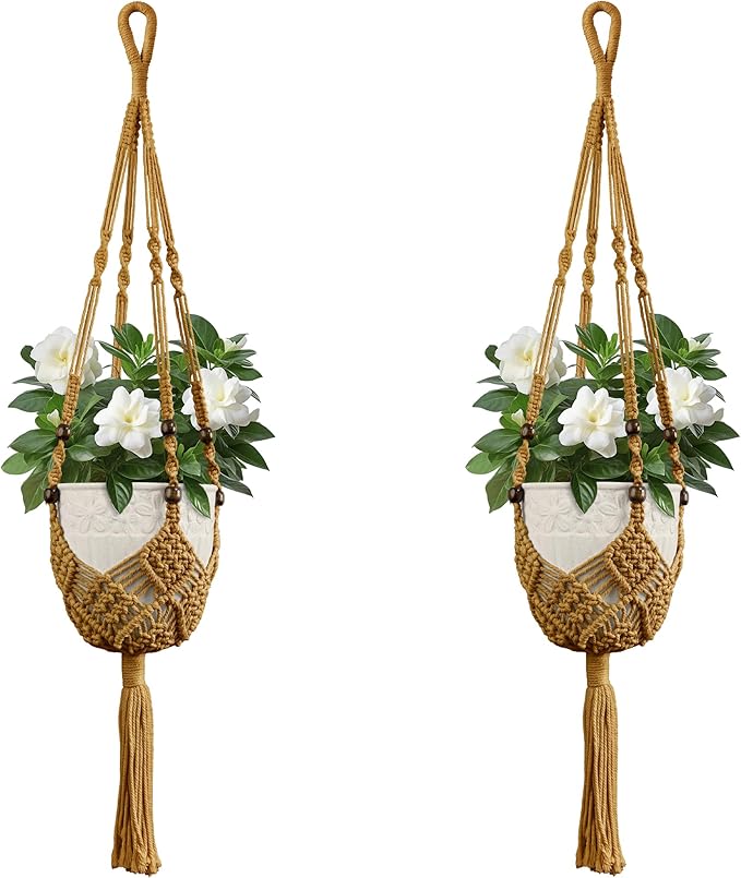 USLAI Macrame Plant Hanger Indoor Outdoor, Fits 3 to 6.5 inch Pots, Hanging Planter Holder with Beads and Tassels, Boho Home Decor, 35+35 Inch, Brown (POTS NOT Included)
