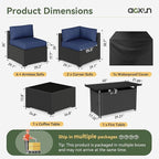 Aoxun 8 Piece Patio Furniture Set with 44” Fire Pit Table, Wicker Rattan Patio Sectional Sofa, Outdoor Furniture Set with Thickened Cushion, Blue