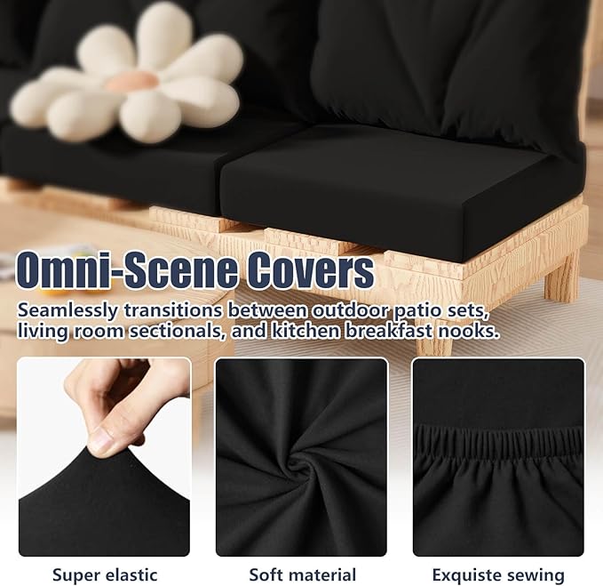 Cushion Covers, 8 Pack, Black Stretch-Fit Outdoor Patio Slipcovers