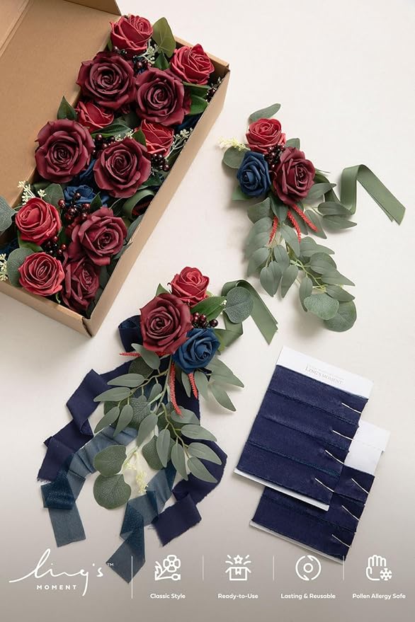 Artificial Flowers for Wedding Aisle, 8 Pack Burgundy and Navy Pew Decor