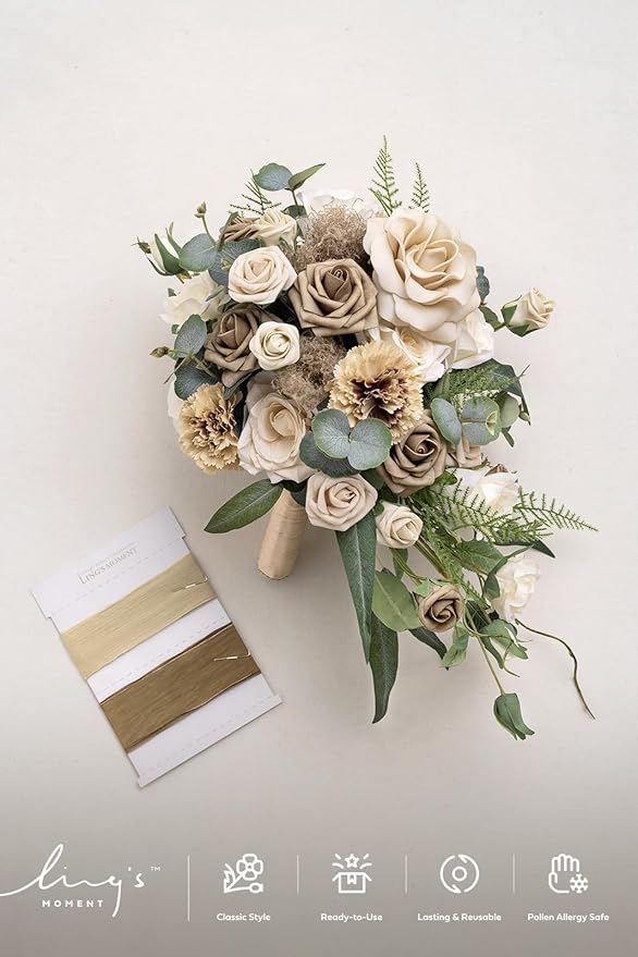 Artificial Cascade Bridal Bouquet in Brown and Beige, 13 x 20 Inches