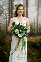 Artificial Flowers Cascading Bridal Bouquet in Forest Green and Gold