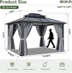 Aoxun 10'x12' Hardtop Gazebo, Aluminum Frame Permanent Pavilion with Curtains and Netting, Outdoor Polycarbonate Double Roof Canopy, Designed for Garden, Lawns, Patio