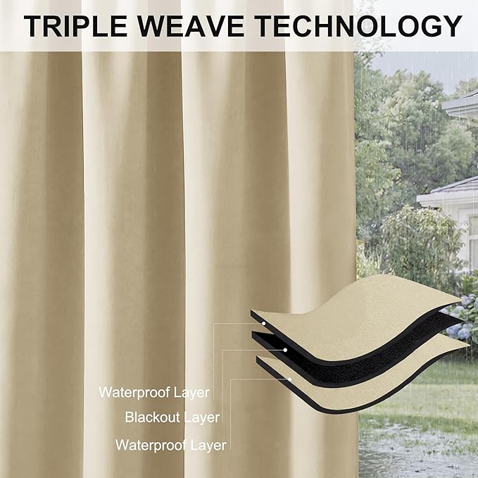 RYB HOME Extra Wide Outdoor Curtains for Patio Waterproof Heavy Duty Thermal Insulated in Summer Full Coverage Privacy for Porch, Cabana & Pool, W120 x L95, Biscotti Beige, 1 Panel