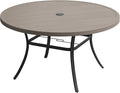 VICLLAX 63" Outdoor Round Patio Table with Umbrella Hole, All Weather Metal Round Outdoor Dining Table for Lawn Garden, 8-10 Person Table, Grey Wood Grain