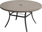 VICLLAX 50" Outdoor Round Patio Table with Umbrella Hole, All Weather Metal Round Outdoor Dining Table for Lawn Garden, 6-8 Person Table, Grey Wood Grain