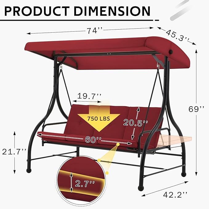 U-MAX Porch Swing Chair with Adjustable Backrest&Canopy, 3 Seat Patio Swing with Canopy 2-in-1 Convertible Outdoor Swing with Canopy Patio Daybed with Removable Burgundy Cushions