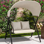 U-MAX 2 Seat Outdoor Porch Swings for Adults Patio Swings with Canopy Stand Metal Steel Frame Patio Swing Chair for Garden Yard Deck Poolside Easy Assembly, Cream White