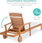 Best Choice Products 79x26in Acacia Wood Chaise Lounge Chair Recliner, Outdoor Furniture for Patio, Poolside w/Slide-Out Side Table, Foam-Padded Cushion, Adjustable Backrest, Wheels - Cream