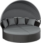Crownland Outdoor Round Daybed with Retractable Canopy, Patio Daybed with Washable Cushions, Clamshell Sectional Seating, Black Wicker Furniture for Garden, Patio, Pool (Grey,Gray)