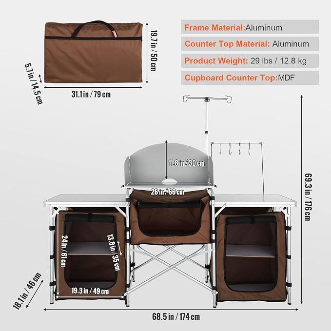 Tables: Foldable Aluminum Outdoor Cook Station with Windscreen, Brown