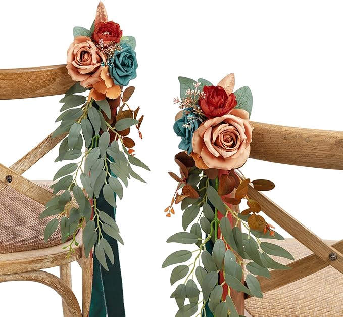 Artificial Aisle Pew Flowers 8 Pcs Dark Teal and Burnt Orange Wedding
