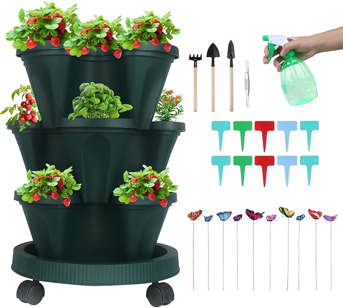 Vertical Planter 3 Tier Stackable Planters Garden Planters Strawberry Herb Flower and Vegetable Planter Indoor Outdoor Gardening Pots with Removable Wheels and Tools
