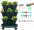 Vertical Planter 3 Tier Stackable Planters Garden Planters Strawberry Herb Flower and Vegetable Planter Indoor Outdoor Gardening Pots with Removable Wheels and Tools