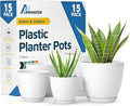 White Plant Pots with Drainage Holes & Saucers 15 Pack, Indoor & Outdoor Stackable Space-Saving Planters for Houseplants & Flowers, (7", 6.7", 6", 5.3", and 4.8" Inches), Durable & Weatherproof