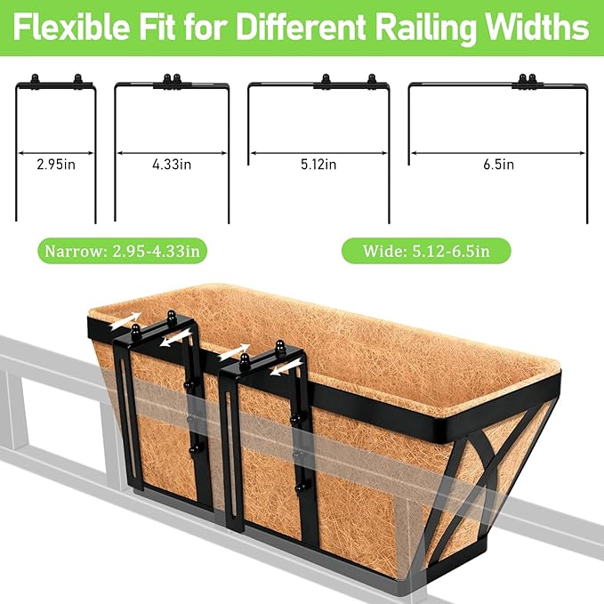Riare 2 Pack 16 Inch Metal Railing Planter Window Box with Coco Liner- Adjustable Window Flower Boxes for Railings, Hanging Rail Planters for Deck, Balcony, Porch, Fence, Indoor Outdoor Plants