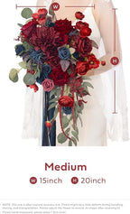 Artificial Flowers Bridal Bouquet in Burgundy and Navy Blue, 15-Inch