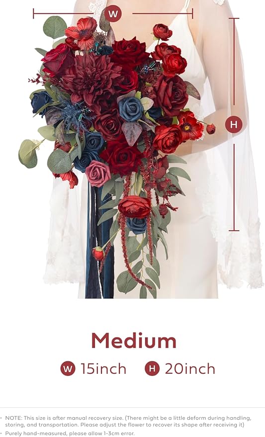 Artificial Flowers Bridal Bouquet in Burgundy and Navy Blue, 15-Inch