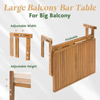 Idzo FSC Acacia Wood Folding Balcony Bar Table for Railings, Adjustable Height & Width, Teak Brush Finish Durable Against Weather, Ideal Spacious Dimension of 27 9/16 x 21 5/8 Inch, Rectangular Design