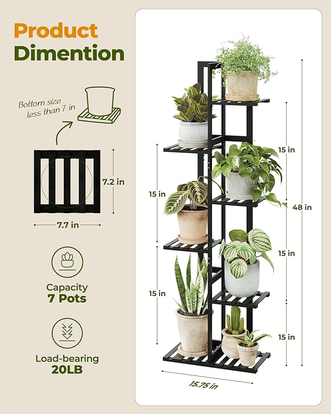 Bamworld Bamboo Plant Stand Indoor 6 Tiered Plant Shelf Outdoor Corner Plant Rack for Multiple Plants Flower Stand Plant Holder for Living Room Bedroom Balcony Patio Garden 48 Inch Black