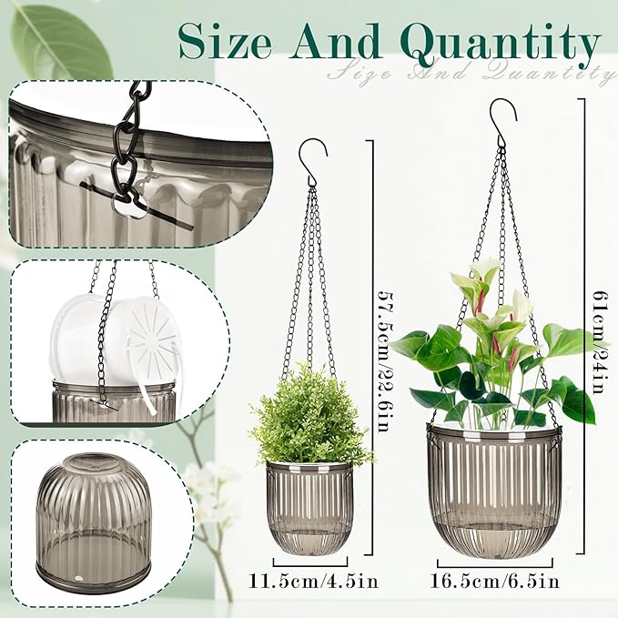 Self Watering Planters for Indoor Plants & Outdoor Plants Hanging Basket for Plants Modern Air Plant Pots with Drainage, Adjustable Hooks for Home, Balcony, Garden Décor Grey