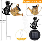 Solar Lights Outdoor Decorative, Watering Can with Cascading Lights, with Cat Silhouette Garden Stakes, Gifts for Mom Women, Waterproof Metal Garden Decor for Yard Art, Outside, Patio, Lawn Ornaments