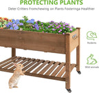 Raised Garden Bed with Legs & Wheels –, Outdoor Elevated Planter Box with Storage Shelf & Hooks for Vegetables, Flowers, and Herbs for Outdoor Gardening, Patio, Balcony,48"x 24"x 33"(Brown)