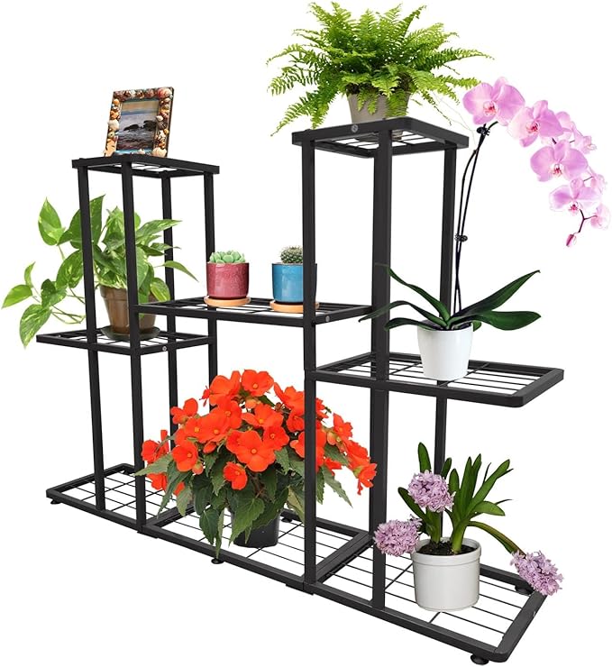 MTB Garden 3 Tier 8 Potted Metal Large Plant Stand for Indoor Outdoor Flower Pot Display Planter Shelf, Charcoal Grey