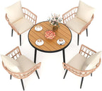 Pamapic 5-Piece Outdoor Dining Set, All-Weather PE Rattan Outdoor Furniture Set with Wood Table Top, Patio Dining Set with Cushion Chairs & Round Table for Garden, Lawn, Patio (Yellow & White)