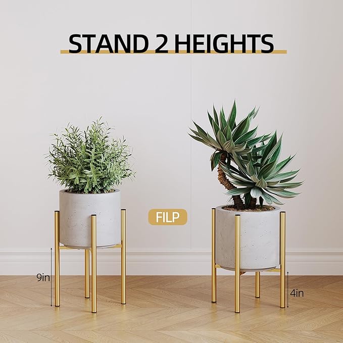 Adjustable Metal Plant Stand Indoor, Mid Century Modern Outdoor Planter Holder for 8 to 14 Inch Pots, Heavy Duty 160 LB Load, Corner Floor Stand for Home Garden Decor Golden