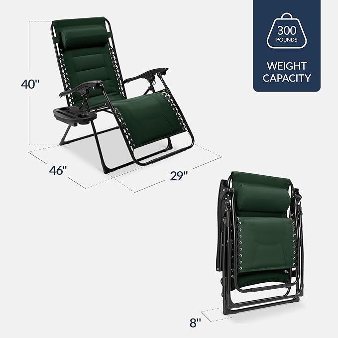 Best Choice Products Oversized Padded Zero Gravity Chair, Folding Outdoor Patio Recliner, XL Anti Gravity Lounger for Backyard w/Headrest, Cup Holder, Side Tray, Polyester Mesh - Forest Green