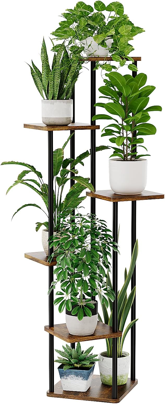 Bamworld Tall Plant Stand Indoor 6 Tier Plant Holder for Multiple Plants Corner Shelf Stand for Patio Garden Balcony Living Room Bedroom Brown
