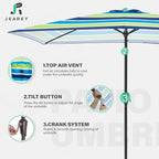 JEAREY 6.5x10 ft Rectangular Patio Umbrellas Rectangle Outdoor Umbrella with Push Button Tilt and Crank, Market Table Umbrella 6 Sturdy Ribs UV Protection for Poolside Garden Backyard Deck, Blue-Green Stripe