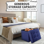 LINMAGCO Storage Ottoman Folding Foot Stool Foot Rest with Side Pocket Modern Ottoman with Storage Short Sofa Stool Linen Cloth 17x13x13(Navy)