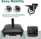 Patio Umbrella Base Heavy Duty with Wheels Square Market Stand for Outdoor 4 Locks 2 Knobs 125lb Capacity, Black
