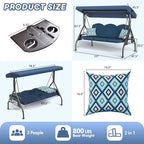 3 Seat Outdoor Porch Patio Swing with Stand 800lbs 2-in-1 Convertible Swing Bed with Adjustable Canopy & Removable Cushion for Yard Garden Deck (Blue, Round Tube)