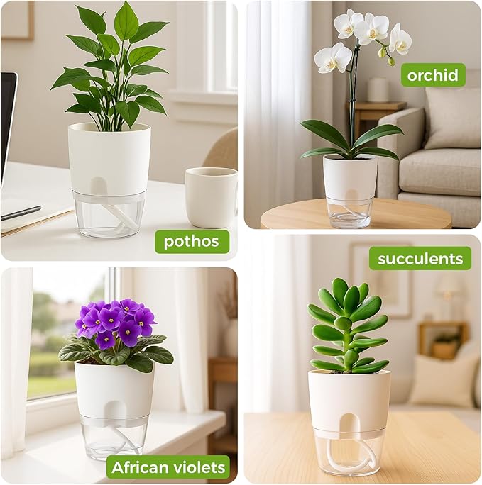 Planterhoma 5 Pack Self Watering Pots for Indoor Plants, 4 Inch Plant Pot Plastic Self Watering Planter for Orchid, African Violet, Small Clear Flower Pots with Drainage Holes and Wicking Rope, White