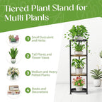 iDavosic.ly 4 Tier Corner Plant Stand Indoor, 45 Inch Tall Vertical Metal Flower Heavy Duty Pot Holder Shelf Outdoor for Patio Porch Living Room, Modern Black & Rustic Brown - Round