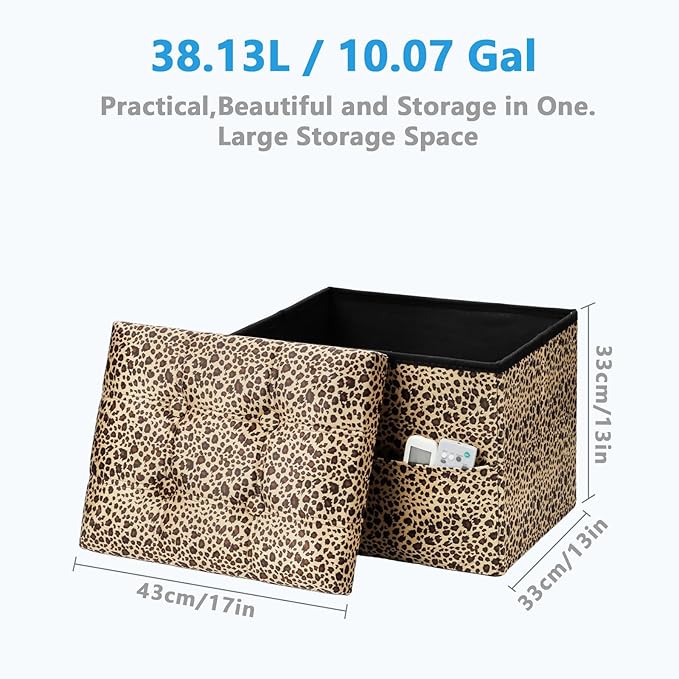 AmasSmile Storage Ottoman Folding Foot Rest Stool with Side Pocket, 17 inch Velvet Footstool Bench, Short Ottoman Bench, Storage Foot Rest Store, Blanket Chest, Leopard Print