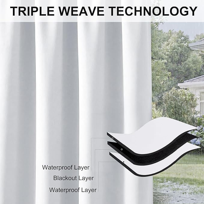 RYB HOME Extra Wide Outdoor Curtains for Patio Waterproof Heavy Duty Thermal Insulated in Summer Full Coverage Privacy for Gazebo, Cabana & Pergola, W100" x L90", Greyish White, 1 Panel