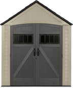 Rubbermaid Resin Outdoor Storage Shed with Floor (7 x 7 Ft) Weather Resistant, Brown Gable, Organization for Home/Backyard/Garden Tools/Lawn Mower/Bike Storage/Pool Supplies